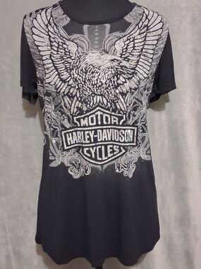 Harley-Davidson Womens M Black Tee with Silver Eagle Shield Lace Up Mesh Sleeve